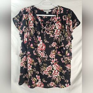 Counterparts Black Floral Flutter Sleeve Blouse with Pink & White Flowers Sm